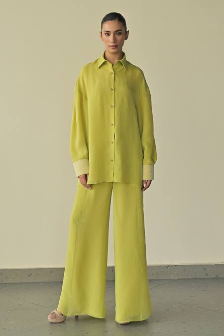 Somya Goyal_Green Organza Crystals Collared Cuff Embroidered Shirt And Trouser Set _at_Aza_Fashions