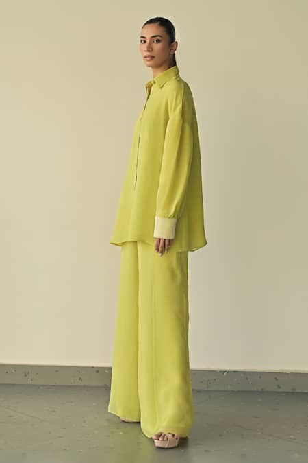 Buy_Somya Goyal_Green Organza Crystals Collared Cuff Embroidered Shirt And Trouser Set 