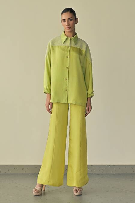 Buy_Somya Goyal_Green Suede, Cotton Crystals Collared Embroidered Shirt And Trouser Set_Online_at_Aza_Fashions