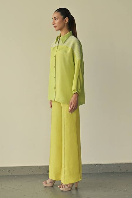 Shop_Somya Goyal_Green Suede, Cotton Crystals Collared Embroidered Shirt And Trouser Set_Online_at_Aza_Fashions