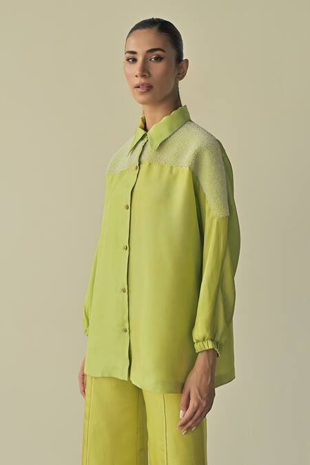 Somya Goyal_Green Suede, Cotton Crystals Collared Embroidered Shirt And Trouser Set_at_Aza_Fashions