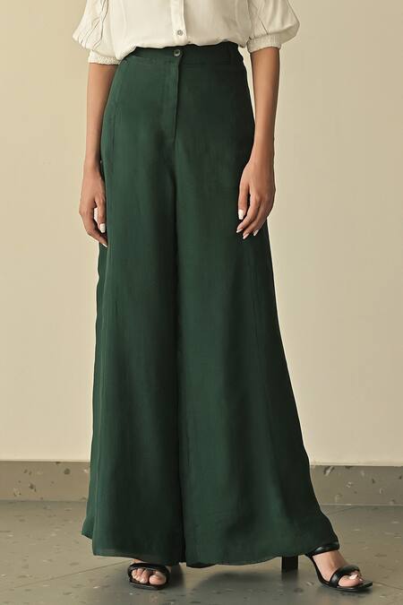 Buy_Somya Goyal_Green Silk, Organza Collared Solid Sheer Shirt And Trouser Set_Online_at_Aza_Fashions