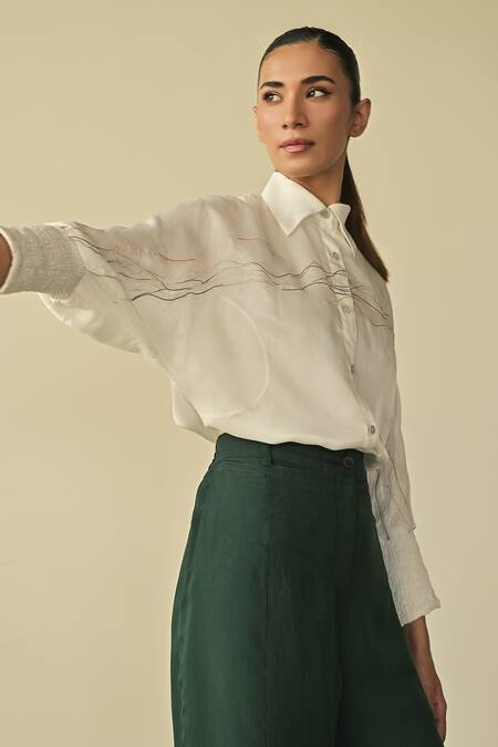 Somya Goyal_Green Silk, Organza Collared Solid Sheer Shirt And Trouser Set_at_Aza_Fashions