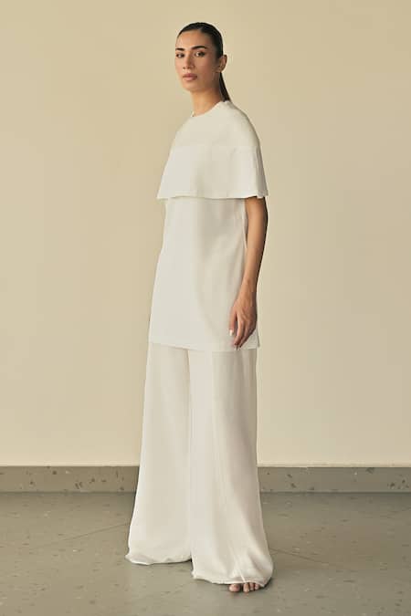 Somya Goyal_White Spandex, Microfiber, Upper Panel Embroidered Top And Flared Trouser Set_Online_at_Aza_Fashions