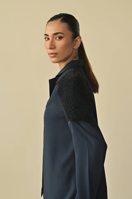 Somya Goyal Blue Spandex, Microfiber Crystals Collared Cord Embroidered Shirt And Trouser Set Online at Aza Fashions Somya Goyal_Blue Spandex, Microfiber Crystals Collared Cord Embroidered Shirt And Trouser Set_Online_at_Aza_Fashions