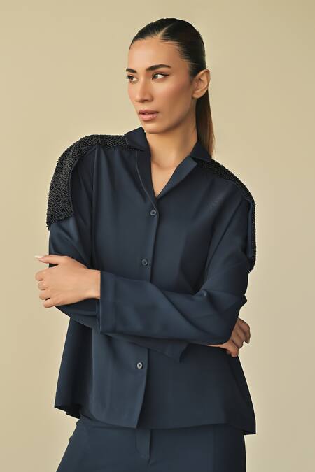 Buy_Somya Goyal_Blue Spandex, Microfiber Crystals Collared Cord Embroidered Shirt And Trouser Set_Online_at_Aza_Fashions