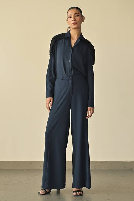 Shop_Somya Goyal_Blue Spandex, Microfiber Crystals Collared Cord Embroidered Shirt And Trouser Set_Online_at_Aza_Fashions