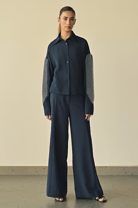 Somya Goyal_Blue Silk, Spandex, Night Sky Sleeve Embroidered Shirt And Trouser Set_Online_at_Aza_Fashions