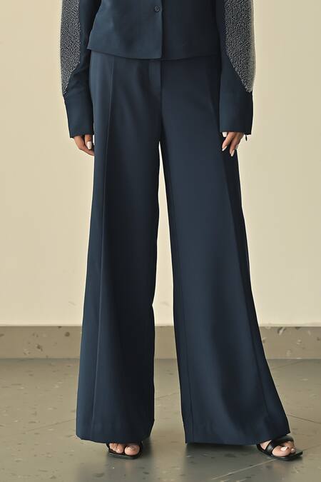 Buy_Somya Goyal_Blue Silk, Spandex, Night Sky Sleeve Embroidered Shirt And Trouser Set_Online_at_Aza_Fashions