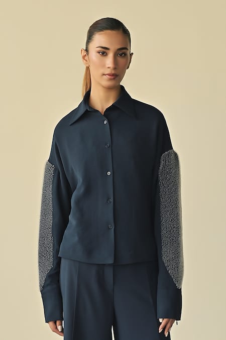 Shop_Somya Goyal_Blue Silk, Spandex, Night Sky Sleeve Embroidered Shirt And Trouser Set_Online_at_Aza_Fashions