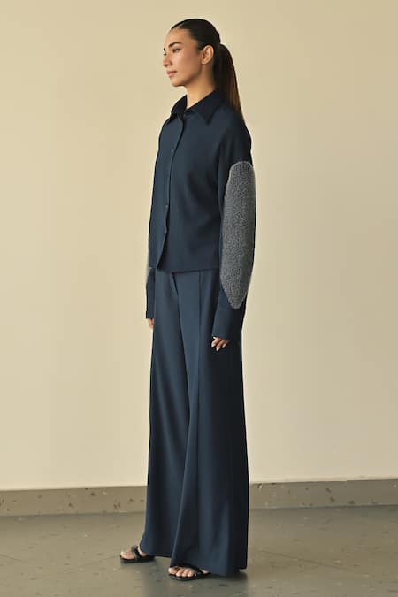 Somya Goyal_Blue Silk, Spandex, Night Sky Sleeve Embroidered Shirt And Trouser Set_at_Aza_Fashions