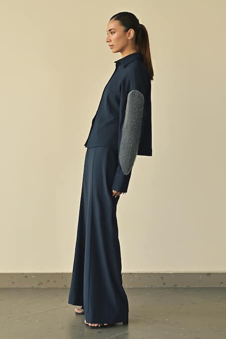 Buy_Somya Goyal_Blue Silk, Spandex, Night Sky Sleeve Embroidered Shirt And Trouser Set