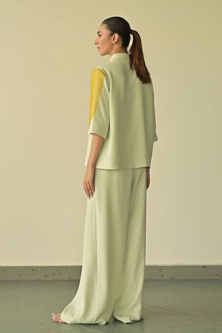 Shop Somya Goyal Green Spandex, Microfiber, Polyester Sleeve Embroidered Shirt And Trouser Set at Aza Fashions Shop_Somya Goyal_Green Spandex, Microfiber, Polyester Sleeve Embroidered Shirt And Trouser Set_at_Aza_Fashions