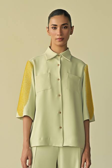 Somya Goyal Green Spandex, Microfiber, Polyester Sleeve Embroidered Shirt And Trouser Set Online at Aza Fashions Somya Goyal_Green Spandex, Microfiber, Polyester Sleeve Embroidered Shirt And Trouser Set_Online_at_Aza_Fashions