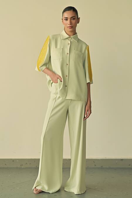 Shop Somya Goyal Green Spandex, Microfiber, Polyester Sleeve Embroidered Shirt And Trouser Set Online at Aza Fashions Shop_Somya Goyal_Green Spandex, Microfiber, Polyester Sleeve Embroidered Shirt And Trouser Set_Online_at_Aza_Fashions