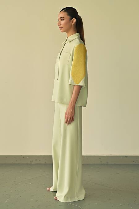 Buy Somya Goyal Green Spandex, Microfiber, Polyester Sleeve Embroidered Shirt And Trouser Set Buy_Somya Goyal_Green Spandex, Microfiber, Polyester Sleeve Embroidered Shirt And Trouser Set