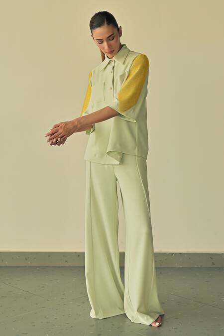 Shop Somya Goyal Green Spandex, Microfiber, Polyester Sleeve Embroidered Shirt And Trouser Set Shop_Somya Goyal_Green Spandex, Microfiber, Polyester Sleeve Embroidered Shirt And Trouser Set