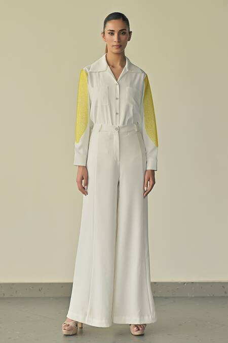 Somya Goyal_White Microfibre Faille- 95% Solid Stella Plain Flared Trouser _Online_at_Aza_Fashions