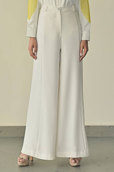 Buy_Somya Goyal_White Microfibre Faille- 95% Solid Stella Plain Flared Trouser _Online_at_Aza_Fashions