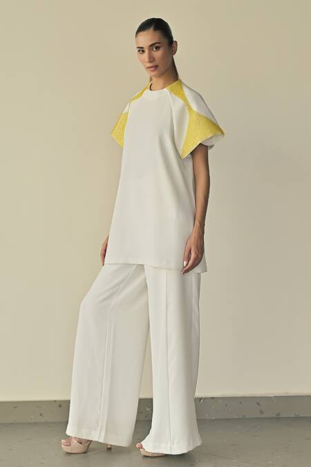 Buy_Somya Goyal_White Microfibre Faille- 95% Solid Stella High-waisted Flared Trouser_Online_at_Aza_Fashions