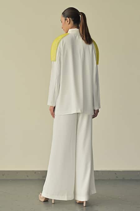 Shop_Somya Goyal_White Microfibre Faille- 95% Solid Stella Plain High-waisted Flared Trouser_at_Aza_Fashions