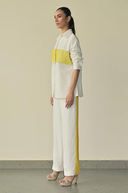 Somya Goyal_White Microfibre Faille- 95% Embroidered Side Panel Straight-fit Trouser_Online_at_Aza_Fashions