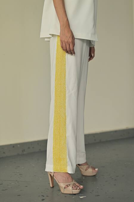 Buy_Somya Goyal_White Microfibre Faille- 95% Embroidered Side Panel Straight-fit Trouser_Online_at_Aza_Fashions