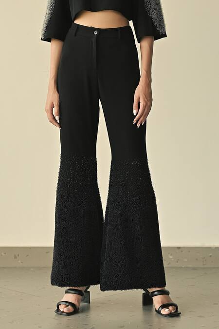 Somya Goyal Black 95% Viscose Blend Solid Gradated Bell Bottom Trouser Online at Aza Fashions Somya Goyal_Black 95% Viscose Blend Solid Gradated Bell Bottom Trouser_Online_at_Aza_Fashions