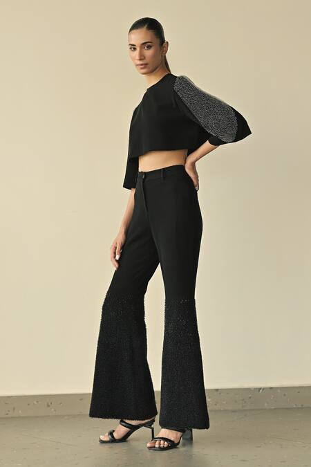 Buy_Somya Goyal_Black 95% Viscose Blend Solid Gradated Bell Bottom Trouser_Online_at_Aza_Fashions
