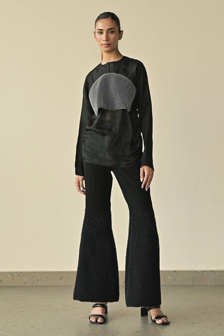 Somya Goyal_Black 95% Viscose Blend Solid Gradated Plain Bell Bottom Trouser_Online_at_Aza_Fashions