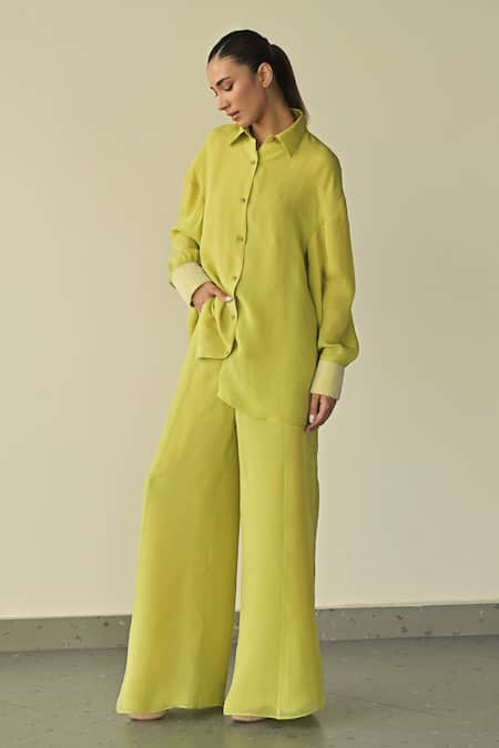 Shop_Somya Goyal_Green Super Organza Solid Flared Trouser _Online_at_Aza_Fashions