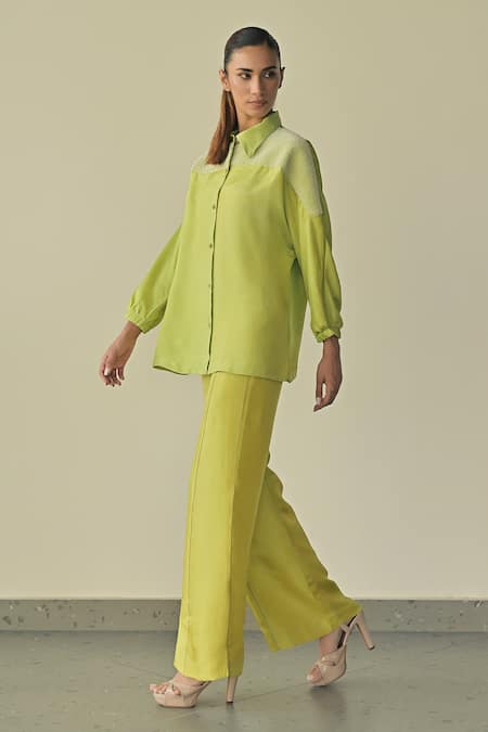 Shop_Somya Goyal_Green Super Organza Solid Plain Flared Trouser _Online_at_Aza_Fashions