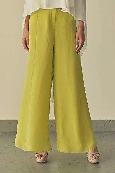 Somya Goyal Green Spandex, Microfiber, Polyester Solid Kaftan Top Flared Trouser Set Online at Aza Fashions Somya Goyal_Green Spandex, Microfiber, Polyester Solid Kaftan Top Flared Trouser Set_Online_at_Aza_Fashions