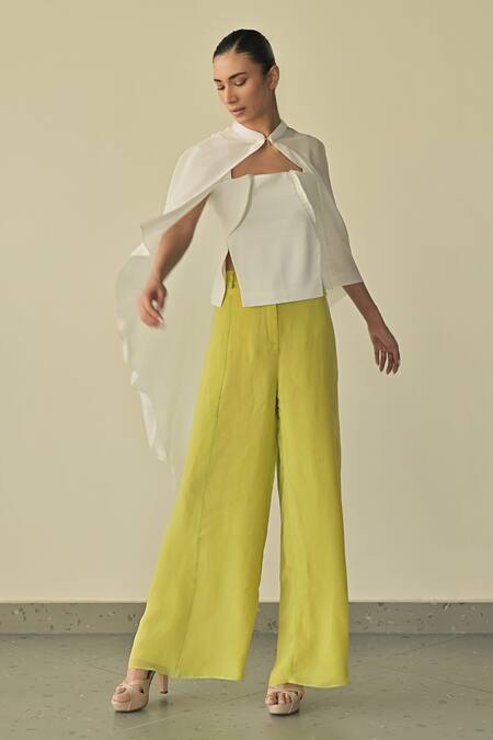 Shop Somya Goyal Green Spandex, Microfiber, Polyester Solid Kaftan Top Flared Trouser Set Online at Aza Fashions Shop_Somya Goyal_Green Spandex, Microfiber, Polyester Solid Kaftan Top Flared Trouser Set_Online_at_Aza_Fashions