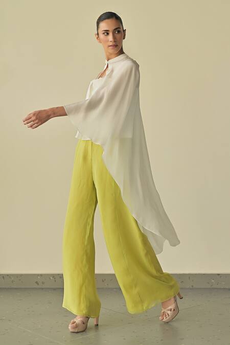 Somya Goyal Green Spandex, Microfiber, Polyester Solid Kaftan Top Flared Trouser Set at Aza Fashions Somya Goyal_Green Spandex, Microfiber, Polyester Solid Kaftan Top Flared Trouser Set_at_Aza_Fashions