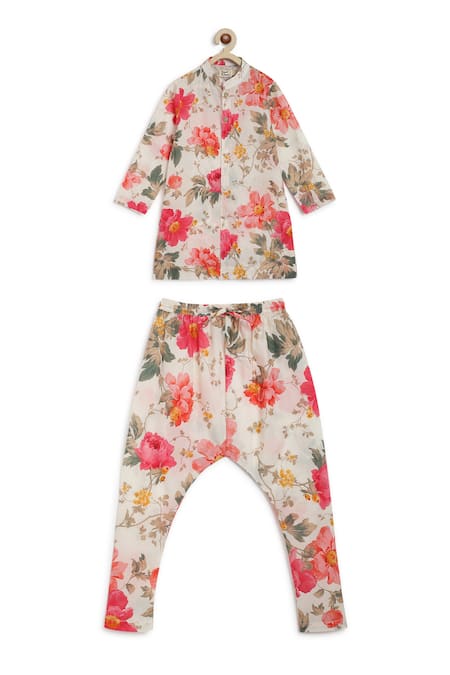 Shop Tiber Taber Cream Cotton Floral Printed Bundi And Kurta Set at Aza Fashions Shop_Tiber Taber_Cream Cotton Floral Printed Bundi And Kurta Set _at_Aza_Fashions