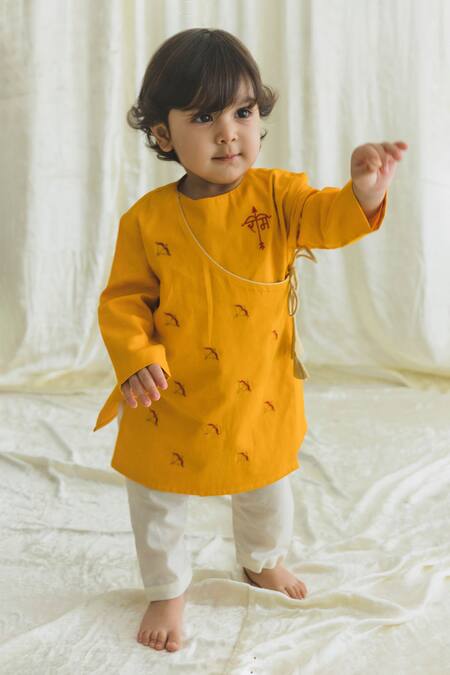 Shop Tiber Taber Yellow Cotton Embroidery Dhanush Baan Kurta Pyjama Set at Aza Fashions Shop_Tiber Taber_Yellow Cotton Embroidery Dhanush Baan Kurta Pyjama Set _at_Aza_Fashions