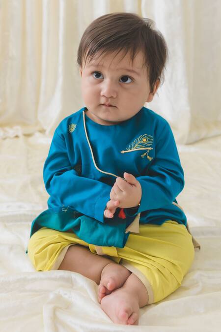 Shop Tiber Taber Blue Cotton Embroidery Divine Flute Kurta And Dhoti Pant Set Shop_Tiber Taber_Blue Cotton Embroidery Divine Flute Kurta And Dhoti Pant Set