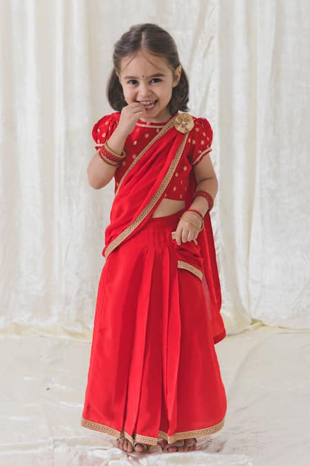 Tiber Taber Red 100% Viscose Embellished O Desi Girl Pre-stitched Saree With Zari Blouse 