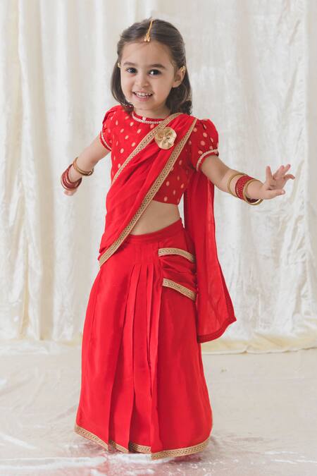 Shop Tiber Taber Red Viscose Zari, Lace O Desi Girl Pre-stitched Saree With Blouse at Aza Fashions Shop_Tiber Taber_Red Viscose Zari, Lace O Desi Girl Pre-stitched Saree With Blouse_at_Aza_Fashions