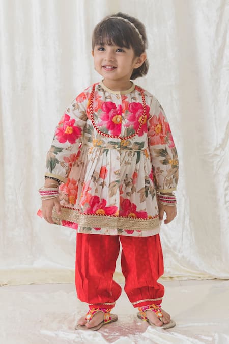 Shop Tiber Taber Cream Cotton Lace Garden Bloom Anarkali And Salwar Set at Aza Fashions Shop_Tiber Taber_Cream Cotton Lace Garden Bloom Anarkali And Salwar Set _at_Aza_Fashions