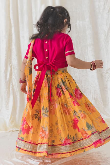 Shop Tiber Taber Yellow Chanderi , Embroidery, Lace Floral Fun Print Lehenga Set at Aza Fashions Shop_Tiber Taber_Yellow Chanderi , Embroidery, Lace Floral Fun Print Lehenga Set _at_Aza_Fashions