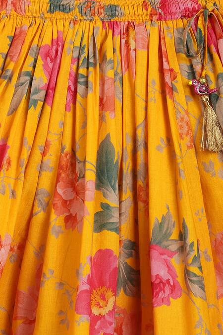Shop Tiber Taber Yellow Chanderi , Embroidery, Lace Floral Fun Print Lehenga Set Shop_Tiber Taber_Yellow Chanderi , Embroidery, Lace Floral Fun Print Lehenga Set