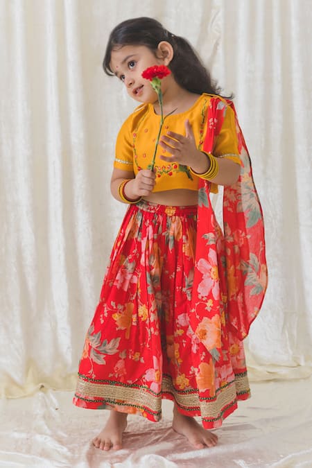 Shop Tiber Taber Red Cotton, Chanderi Cotton, Silk Lace, Floral Fun Print Flared Lehenga Set at Aza Fashions Shop_Tiber Taber_Red Cotton, Chanderi Cotton, Silk Lace, Floral Fun Print Flared Lehenga Set _at_Aza_Fashions