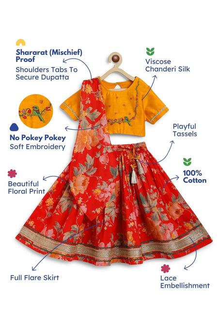 Tiber Taber Red Cotton, Chanderi Cotton, Silk Lace, Floral Fun Print Flared Lehenga Set Online at Aza Fashions Tiber Taber_Red Cotton, Chanderi Cotton, Silk Lace, Floral Fun Print Flared Lehenga Set _Online_at_Aza_Fashions