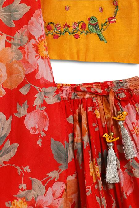 Shop Tiber Taber Red Cotton, Chanderi Cotton, Silk Lace, Floral Fun Print Flared Lehenga Set Shop_Tiber Taber_Red Cotton, Chanderi Cotton, Silk Lace, Floral Fun Print Flared Lehenga Set