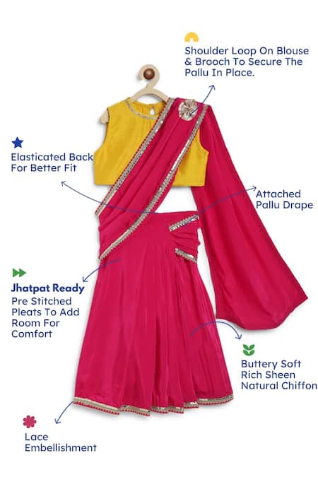 Tiber Taber_Yellow Viscose Lace, Brooches Embellished Pink Pre-stitched Saree Set _Online_at_Aza_Fashions