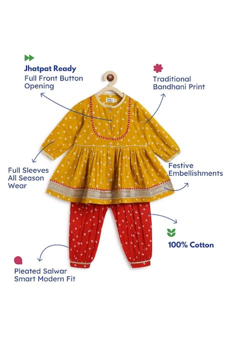 Tiber Taber_Yellow Cotton Lace, Embroidery Bandhani Twirl Anarkali And Salwar Set _Online_at_Aza_Fashions