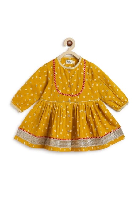 Shop_Tiber Taber_Yellow Cotton Lace, Embroidery Bandhani Twirl Anarkali And Salwar Set _Online_at_Aza_Fashions