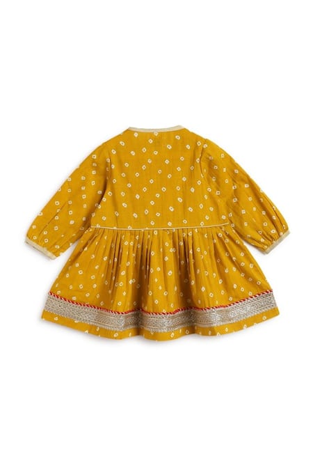 Tiber Taber_Yellow Cotton Lace, Embroidery Bandhani Twirl Anarkali And Salwar Set _at_Aza_Fashions